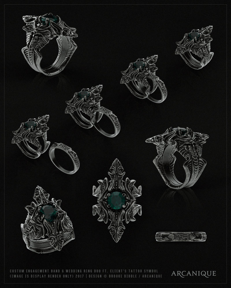 ARCANIQUE jewellery | Custom engagement band & wedding ring ft. client's tattoo symbol | 2017